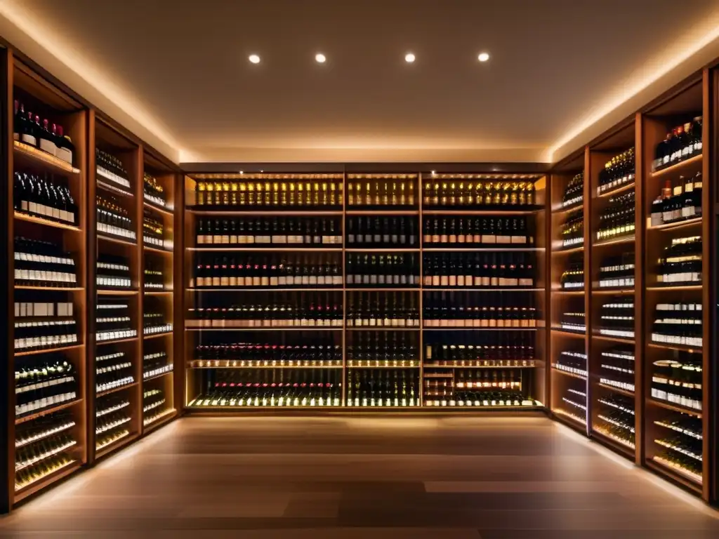 Bodega moderna con botellas de vino meticulosamente organizadas Oportunidades de inversión en vino: moderna bodega con paredes de vidrio, botellas organizadas y sommelier examinando una botella