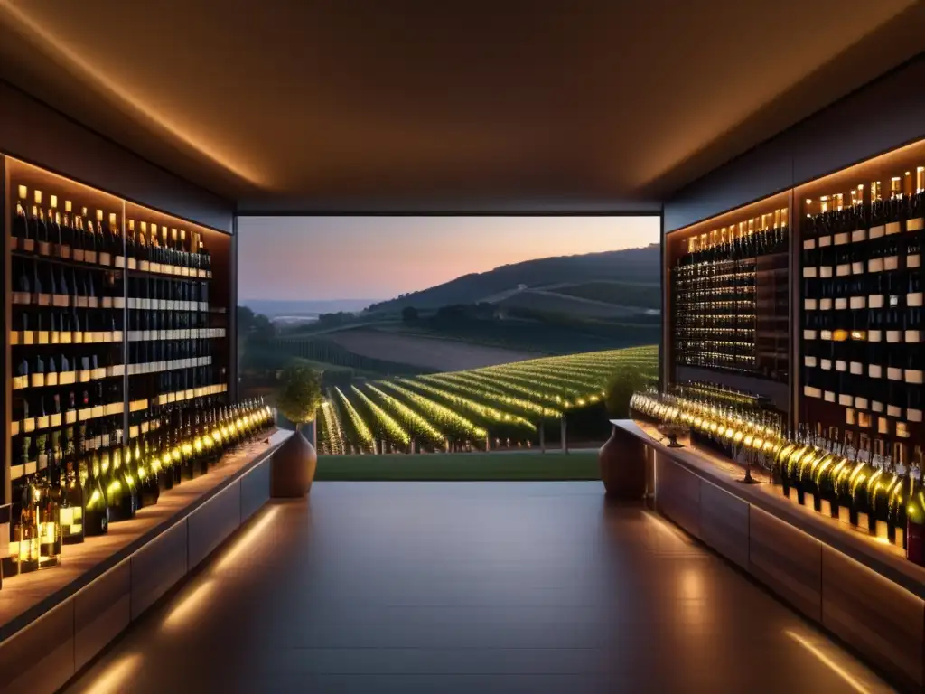 Wine cellar with sommelier and investors Oportunidades de inversión en vino: Bodega moderna con vista a viñedo, sommelier guía degustación de vinos