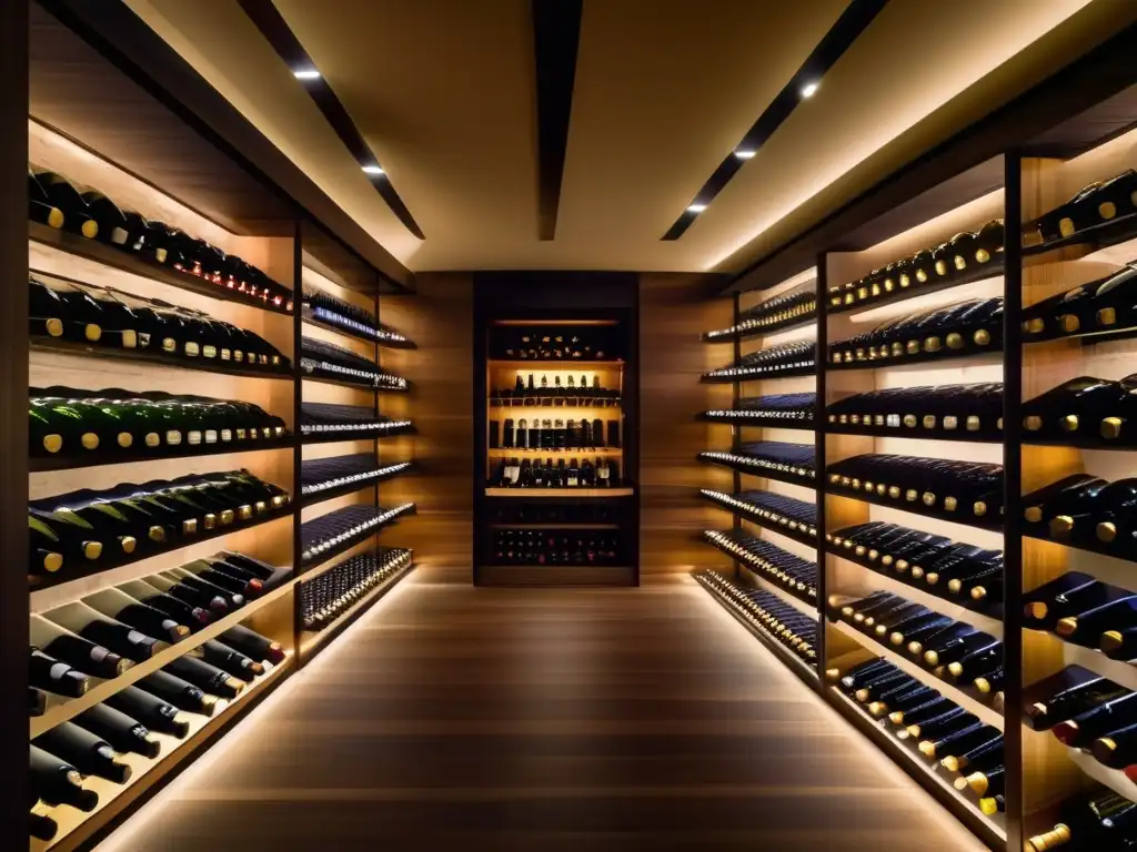 Bodega de vinos elegante y exclusiva Oportunidades de inversión en vino: bodega moderna con botellas organizadas y etiquetas de prestigiosas bodegas