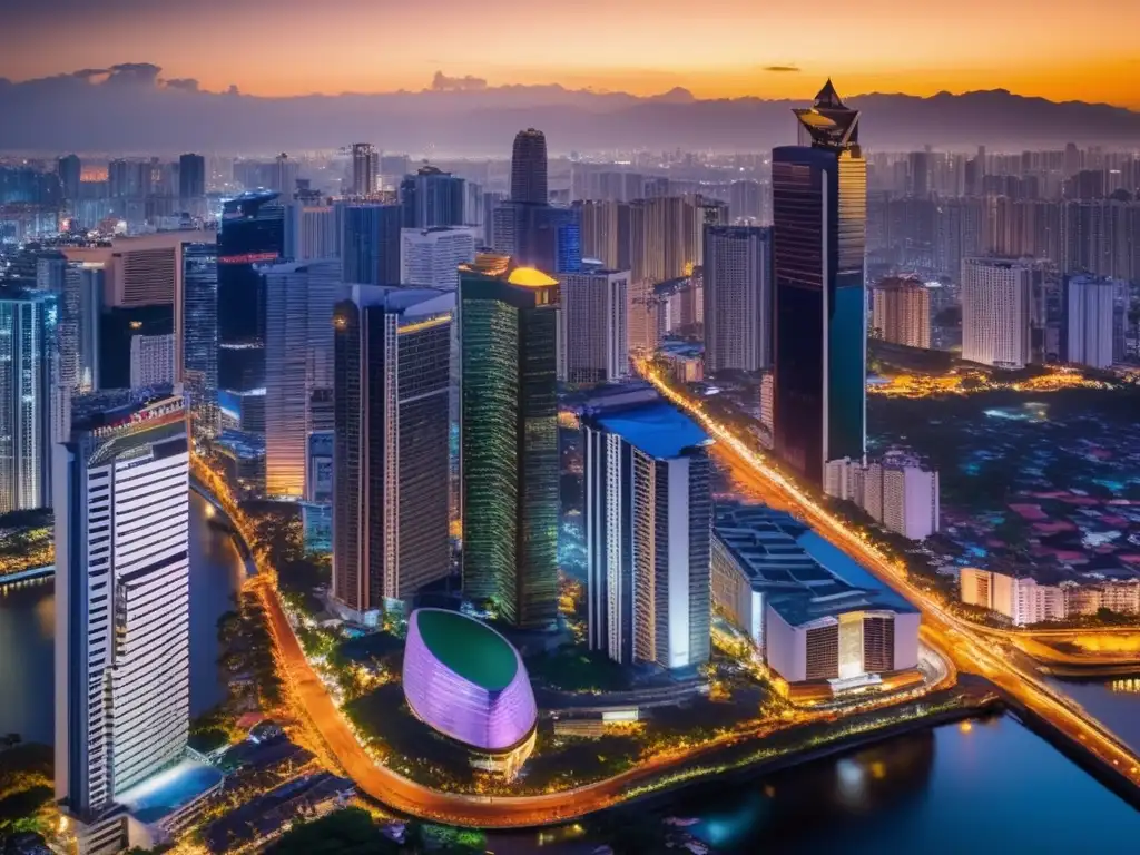 Hermosa vista aérea del skyline de Manila al atardecer Oportunidades de inversión en Filipinas: Vista aérea impresionante del skyline de Manila al atardecer, destacando la vibrante ciudad con sus rascacielos y maravillas arquitectónicas modernas