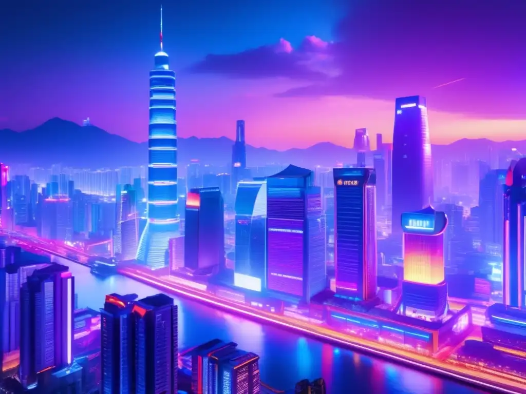 Ciudad asiática vibrante con rascacielos iluminados Oportunidades inversiones Asia tecnológica: escena nocturna, rascacielos iluminados, mercado avanzado y vibrante