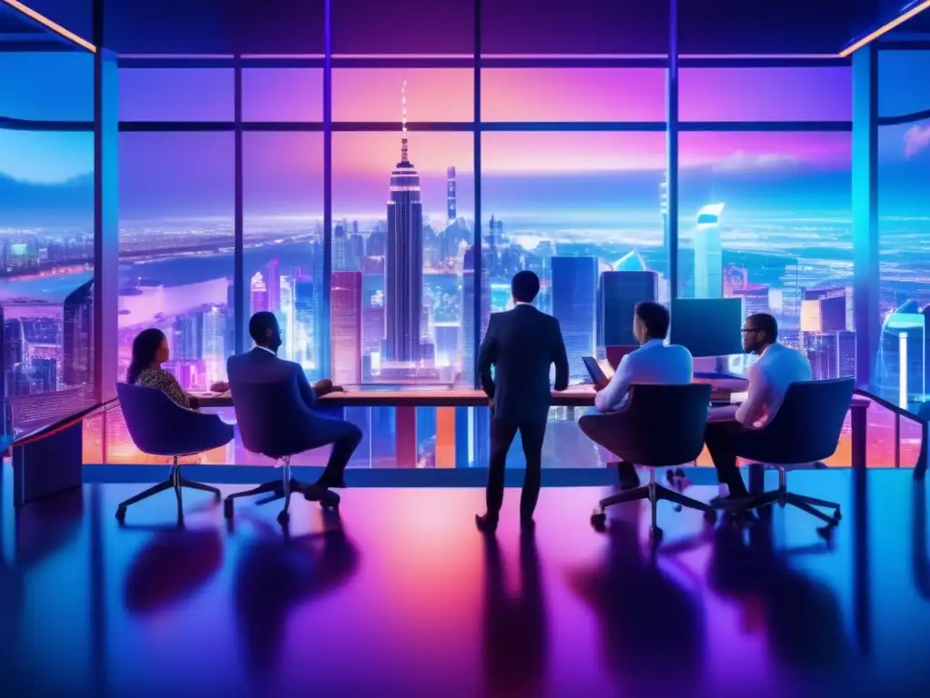 Oportunidades y riesgos económicos globales Oportunidades inversor global economías desarrollo: imagen de ciudad con rascacielos, profesionales y luces vibrantes, representa dinamismo y riesgos