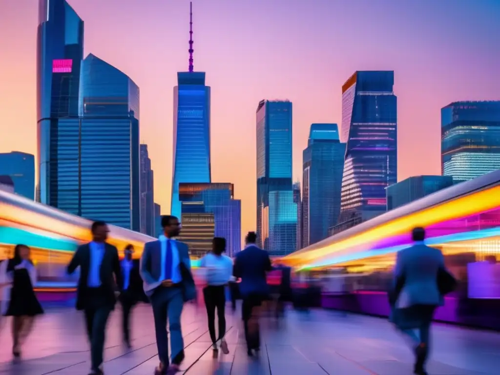 Skyline urbano vibrante al atardecer Oportunidades inversor global economías desarrollo: Ciudad vibrante con rascacielos, luces y gente de negocios