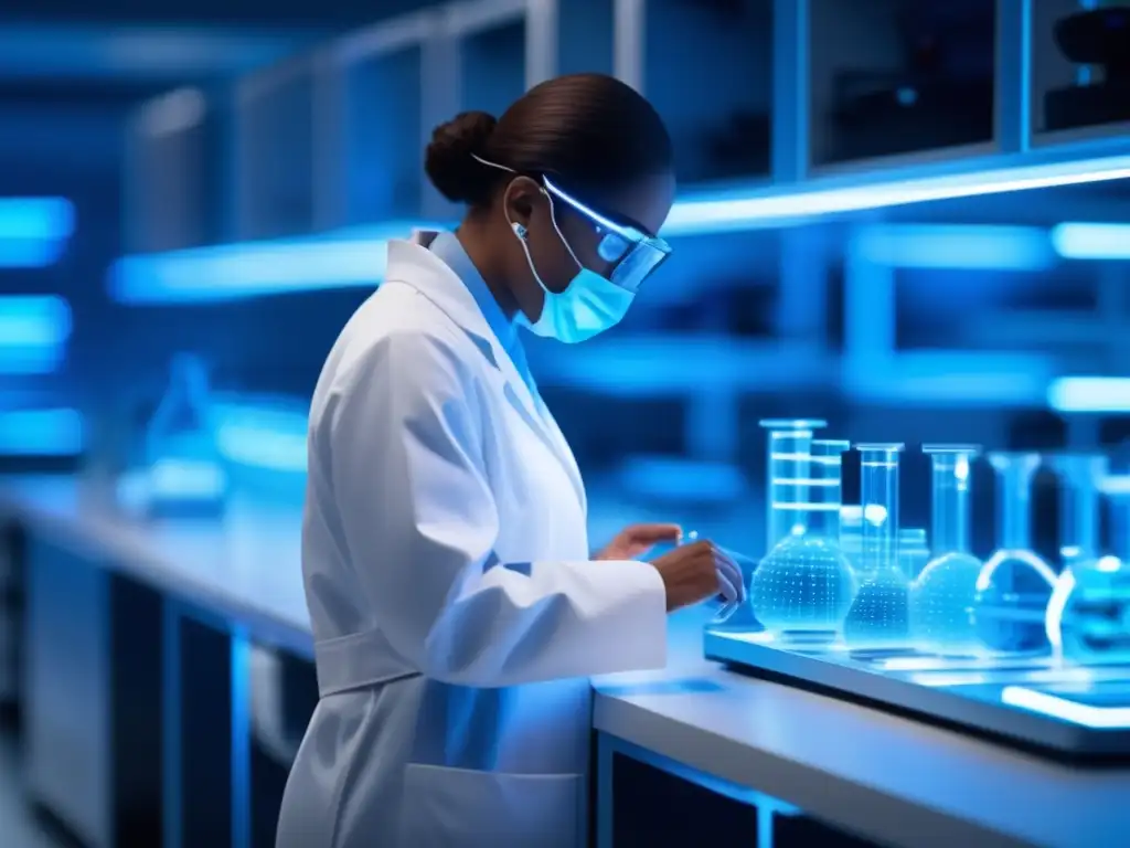 Laboratorio futurista de biotecnología avanzada Oportunidades en biotecnología: laboratorio futurista con tecnología de vanguardia y científico manipulando ADN