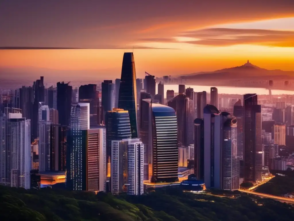 Ciudad moderna al atardecer Oportunidades de inversión en América Latina: ciudad moderna y próspera al atardecer, reflejando estabilidad y crecimiento urbano