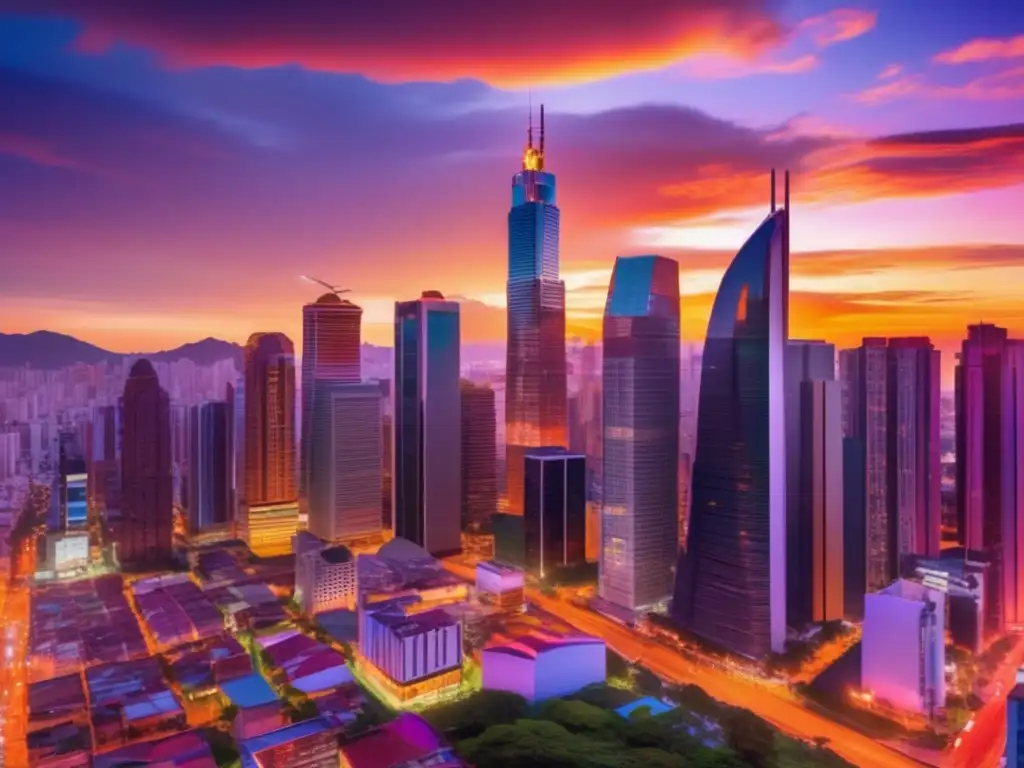Ciudad moderna en Latinoamérica con diversidad y crecimiento Oportunidades de inversión en América Latina: Ciudad moderna en 8K con skyline, multiculturalismo y profesionales analizando el mercado