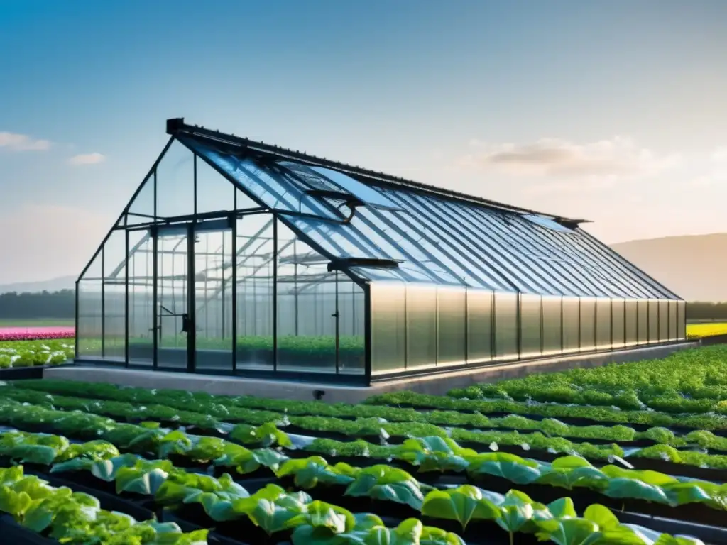 Invernadero moderno y tecnológico en paisaje agrícola Oportunidades en agricultura: innovación y mercados emergentes