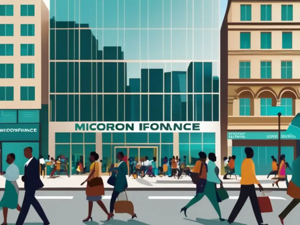 Calle urbana con institución de microfinanzas y comunidad diversa Oportunidades en microfinanzas: crisis global