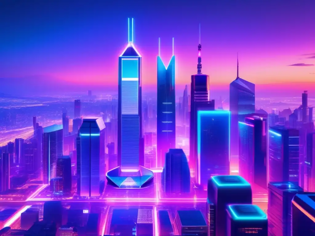 Ciudad futurista con blockchain Oportunidades en microfinanzas y blockchain: ciudad futurista con rascacielos iluminados, tecnología transparente y accesibilidad financiera