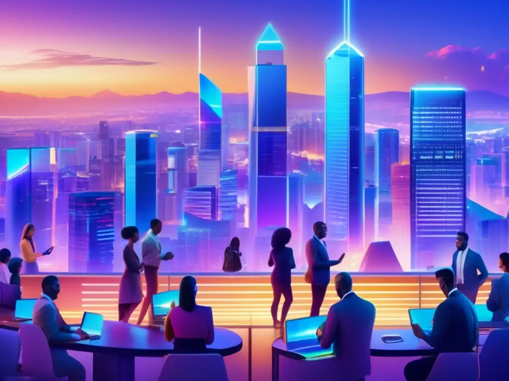 Integración innovadora de microfinanzas y blockchain Oportunidades con microfinanzas y tecnología blockchain en imagen de ciudad futurista