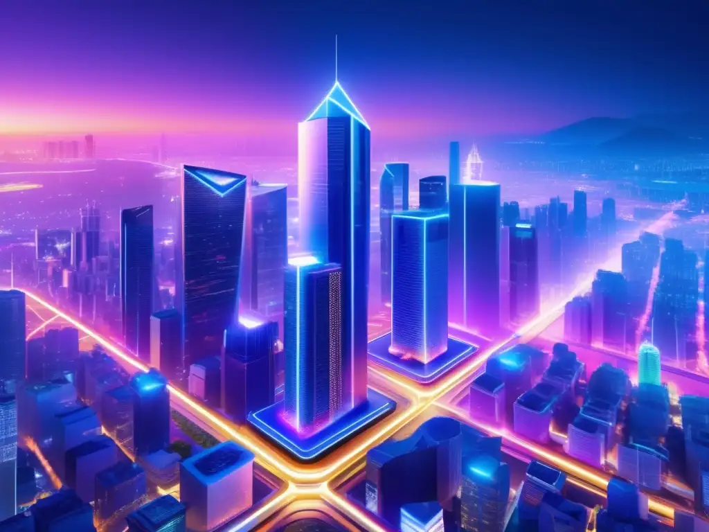 Futurista ciudad conectada por blockchain Oportunidades en microfinanzas con tecnología blockchain
