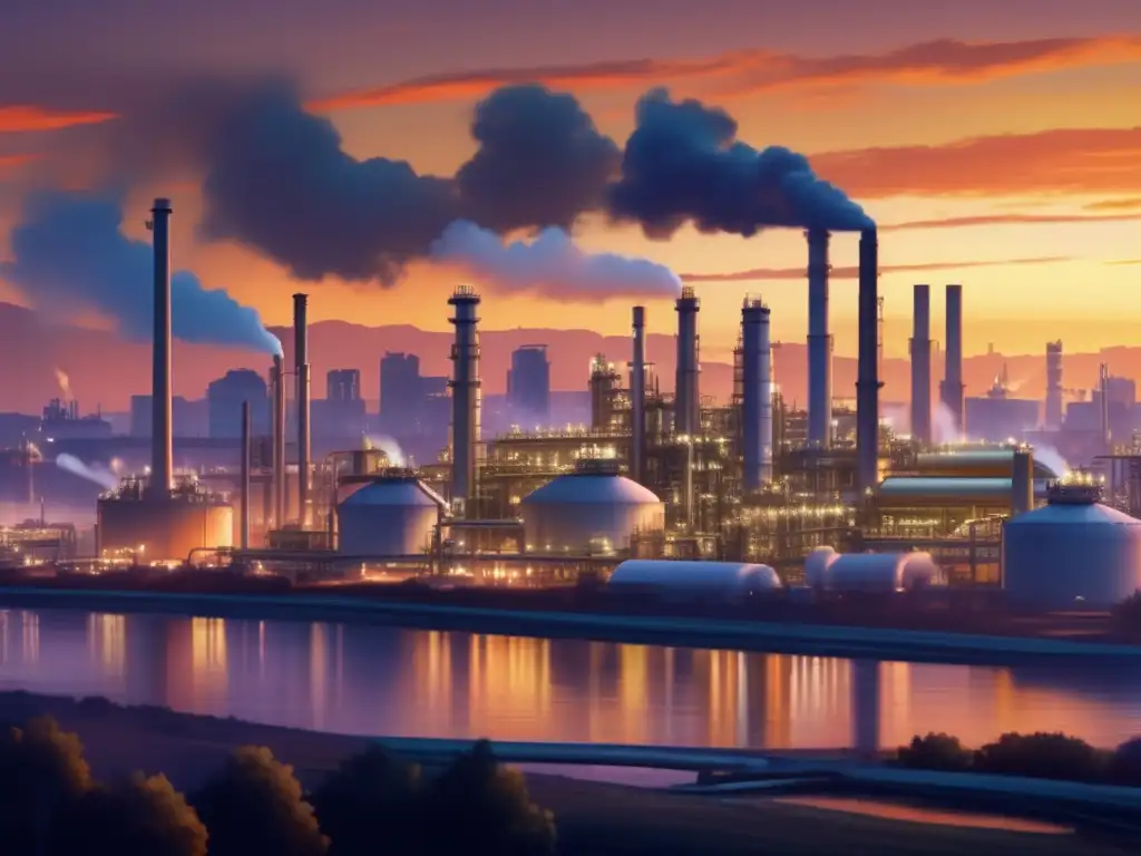 Moderna refinería de petróleo en ciudad vibrante Oportunidades inversión refinación: moderna refinería, ciudad vibrante, skyline, estructuras interconectadas, tuberías, humo blanco controlado