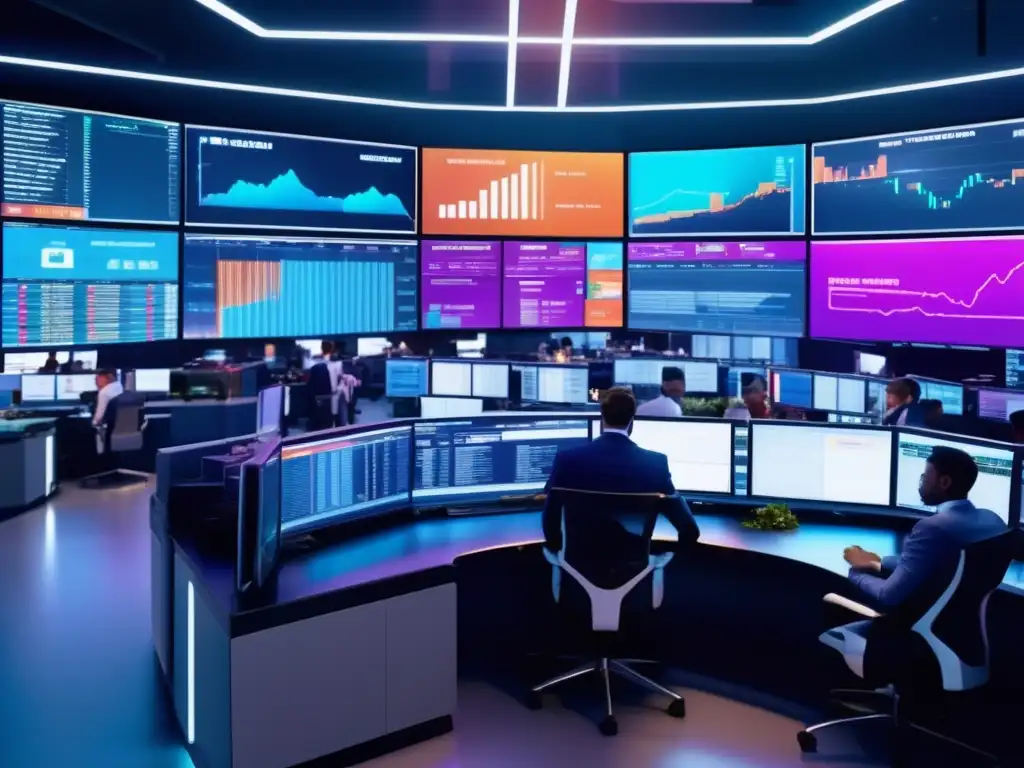 Traders en el piso de trading con monitores y gráficos Oportunidades de inversión en maíz en un moderno y vibrante piso de comercio