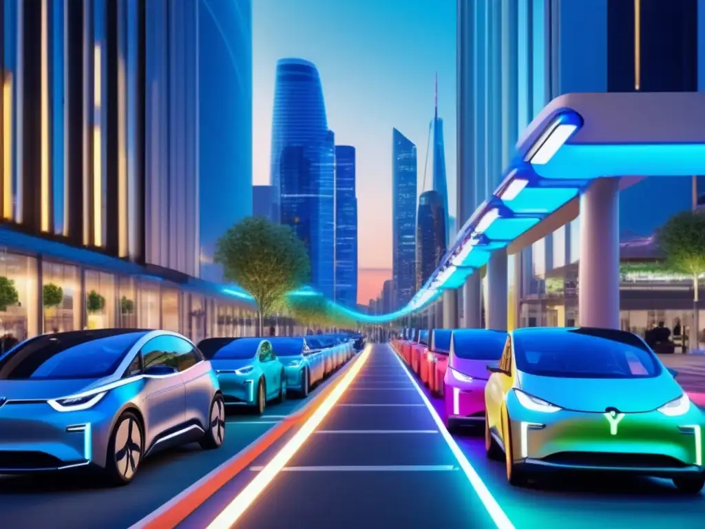 Calle llena de estaciones de carga para vehículos eléctricos Oportunidades de inversión en movilidad eléctrica: una calle de ciudad llena de estaciones de carga para vehículos eléctricos, con autos modernos y coloridos, resaltando la popularidad creciente de la movilidad eléctrica