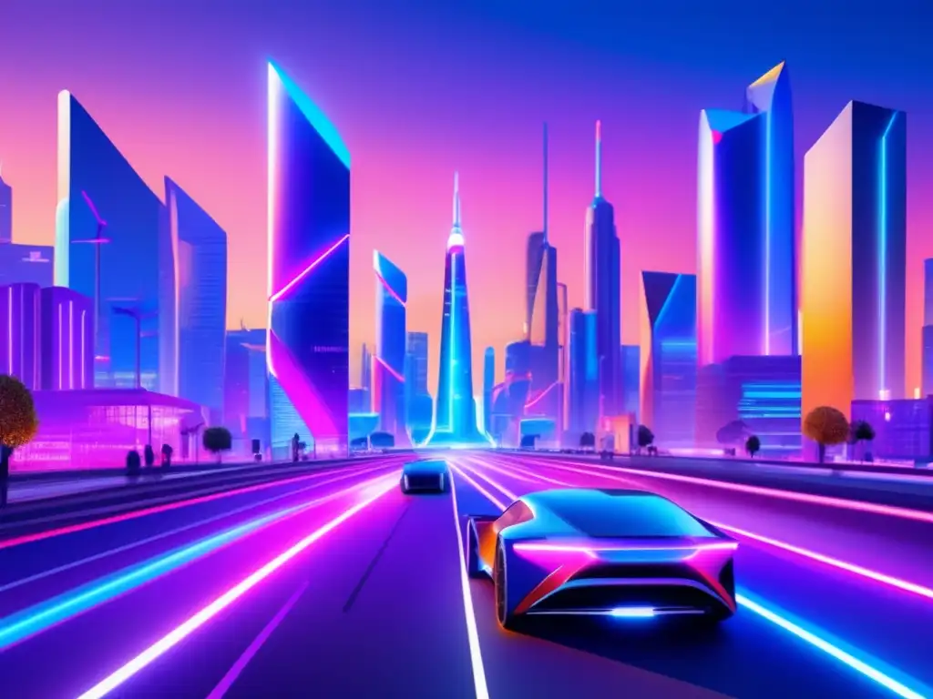 Futurista ciudad iluminada con vehículos eléctricos Oportunidades de inversión en movilidad eléctrica: Ciudad futurista con edificios modernos, vehículos eléctricos y una atmósfera dinámica