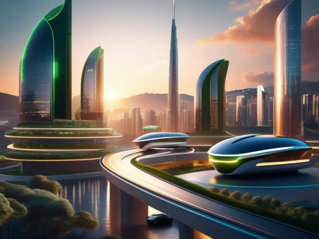 Futurista ciudad ecológica con vehículos eléctricos Oportunidades inversión movilidad eléctrica: Futurista ciudad 8k, autos eléctricos, arquitectura verde y tecnología avanzada