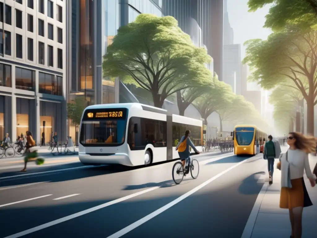 Calle urbana sostenible con transporte moderno y ecológico Oportunidades de inversión en movilidad sostenible en una calle bulliciosa con transporte moderno y sostenible