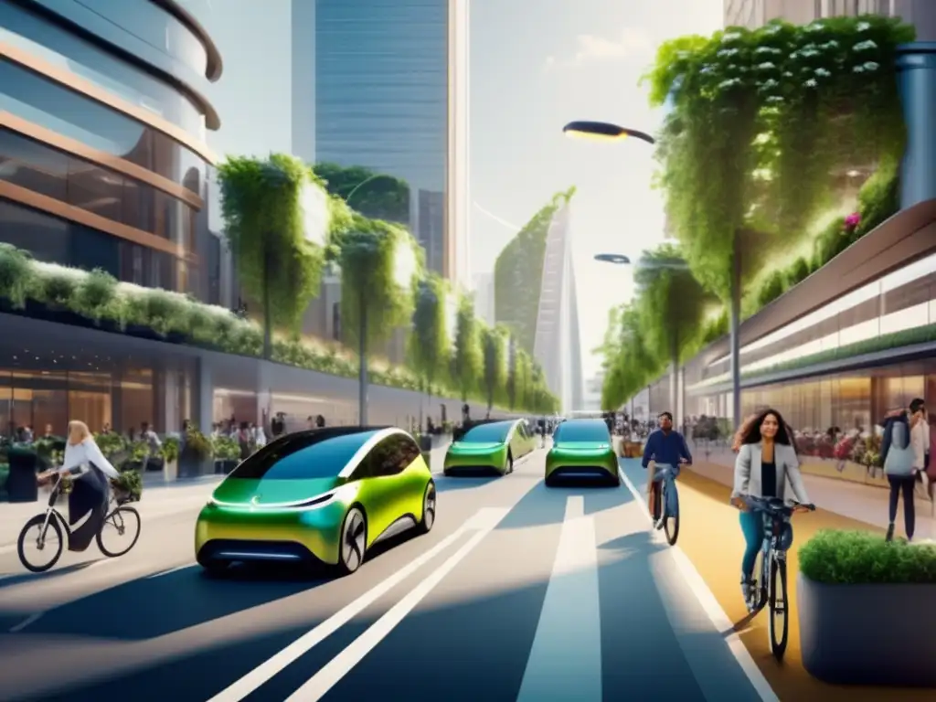 Ciudad sostenible con vehículos eléctricos y bicicletas Oportunidades de inversión en movilidad sostenible: ciudad con vehículos eléctricos, bicicletas y arquitectura moderna