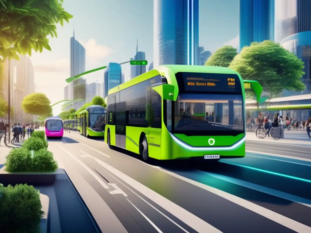 Ciudad sostenible con transporte público eléctrico Oportunidades de inversión en movilidad sostenible: ciudad moderna con buses eléctricos, bicis y infraestructura verde
