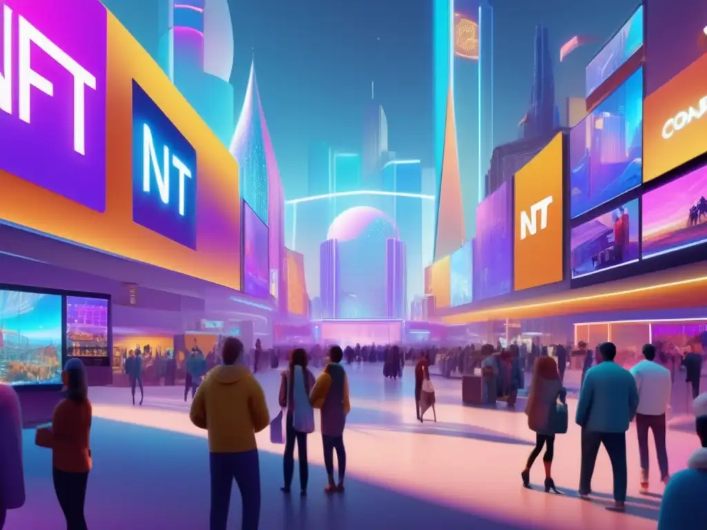 Mercado de NFTs futurista Oportunidades inversión NFTs: Mercado vibrante, arte digital, compradores emocionados, arquitectura futurista y cielo colorido