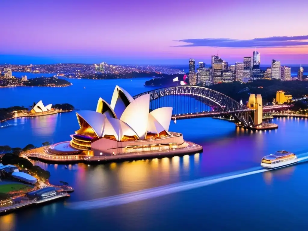 Sunset over Sydney's iconic landmarks Oportunidades de inversión en Australia y Nueva Zelanda: Vista aérea impresionante del Sydney Opera House y el Sydney Harbour Bridge al atardecer
