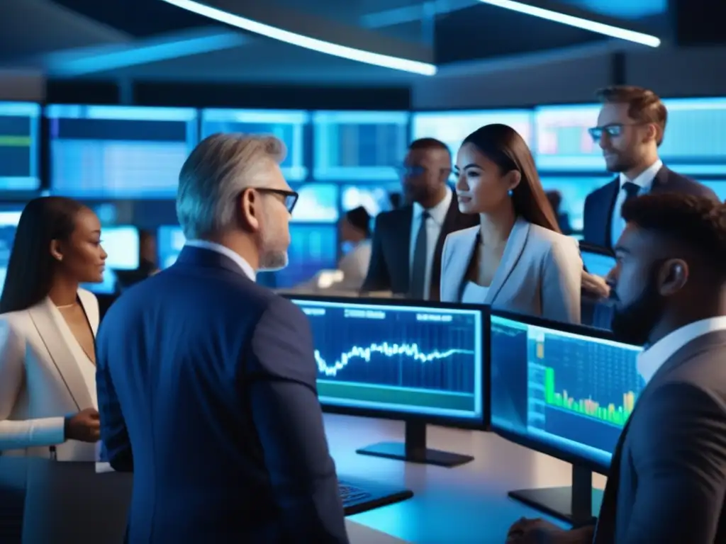 Traders analizando mercados y discutiendo Oportunidades ocultas inversores materias primas en un vibrante escenario de trading 8K ultra detallado