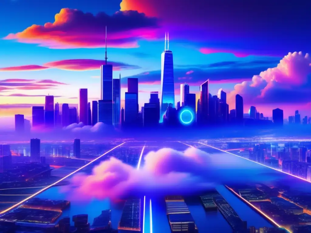 Ciudad futurista en nubes de datos Descubrir oportunidades ocultas en la nube de volumen