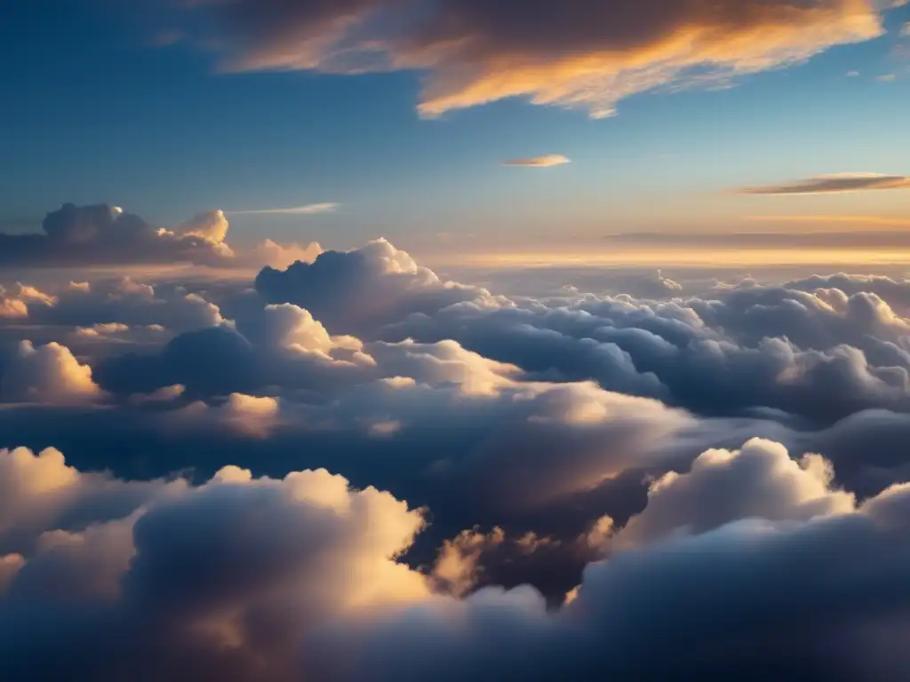 Ciudad celestial de nubes entrelazadas Descubrir oportunidades ocultas en la nube de volumen: una imagen cautivadora de una red vasta e intrincada de nubes interconectadas, similar a un paisaje urbano celestial, iluminada por una luz etérea que crea sombras sutiles y una sensación de profundidad
