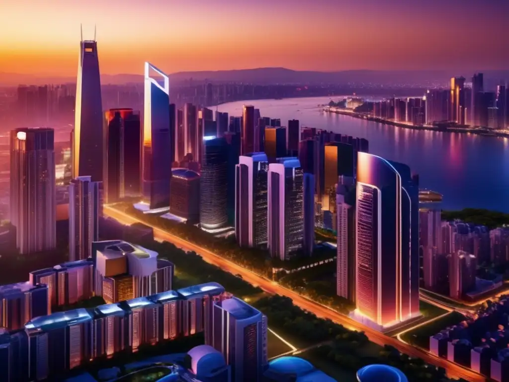 Ciudad moderna al atardecer Oportunidades de oro en mercados inmobiliarios: una ciudad moderna al atardecer con rascacielos, luces vibrantes y un complejo residencial lujoso