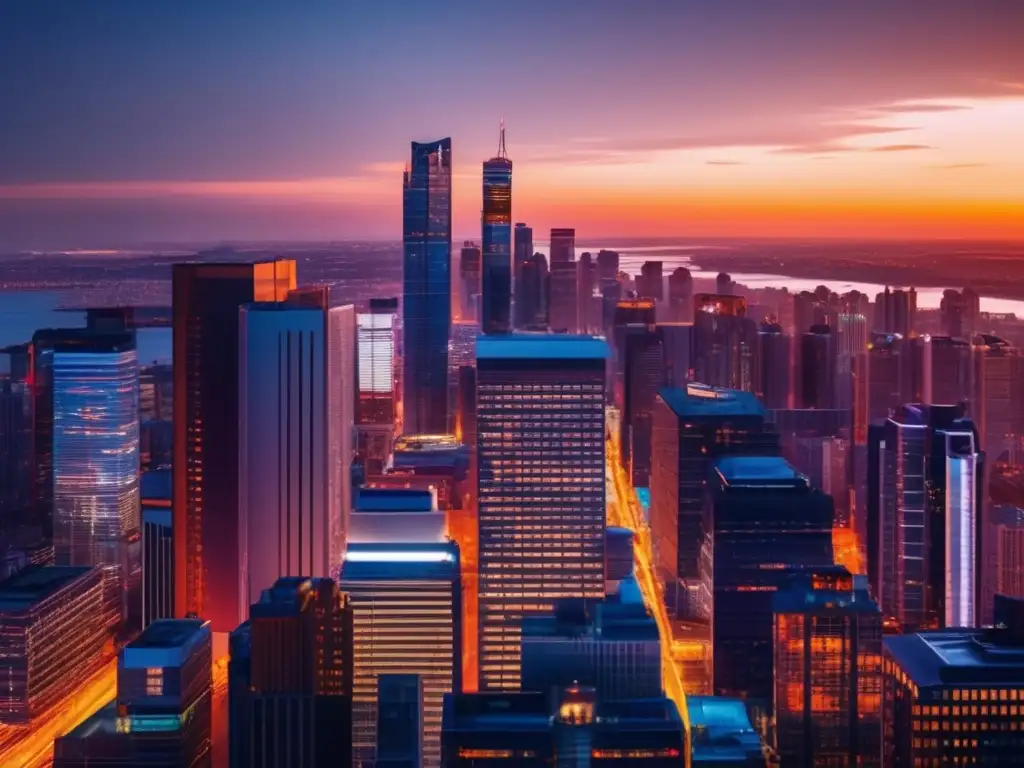 Ciudad moderna en crecimiento Oportunidades de oro en mercados inmobiliarios: ciudad vibrante al atardecer, rascacielos modernos reflejando el sol