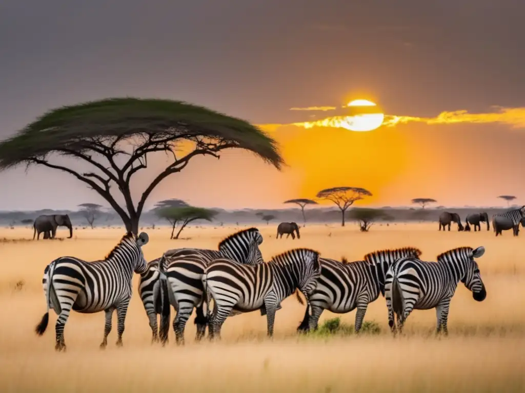 Paisaje dorado de África: zebras y elefantes en la sabana Oportunidades de inversión en África: paisaje impresionante con zebras, elefantes y puesta de sol dorada