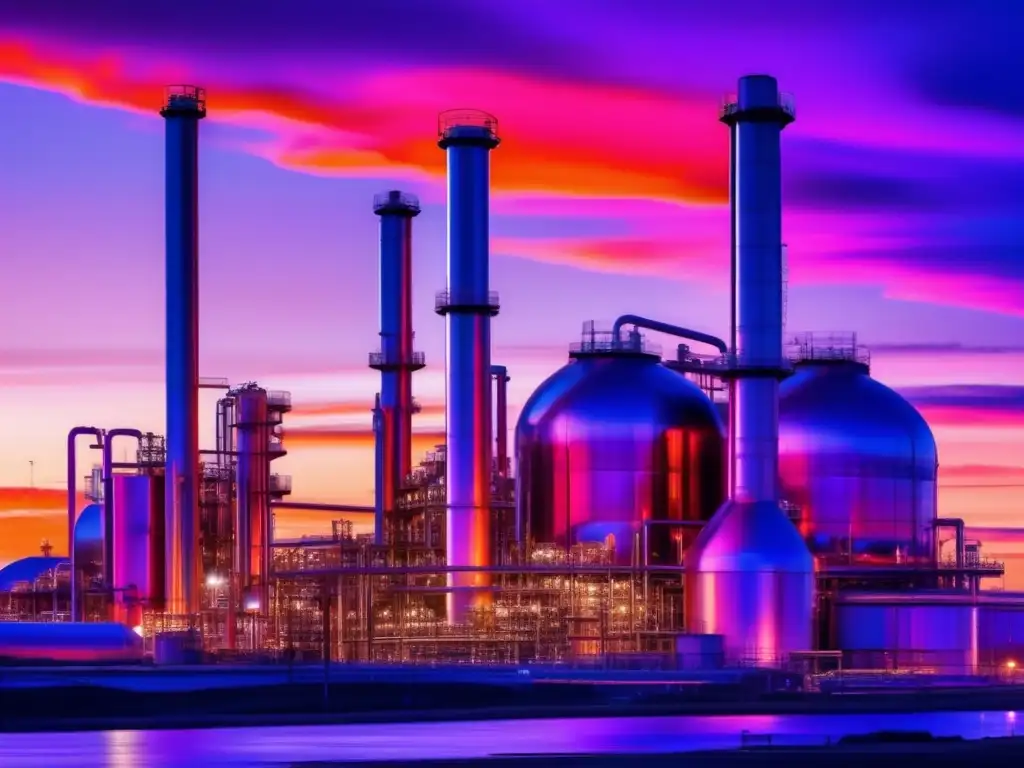 Sunset refinery: arquitectura y luz Oportunidades de inversión en refinación al atardecer: arquitectura, estructuras metálicas, sistemas de tuberías y contrastes impresionantes