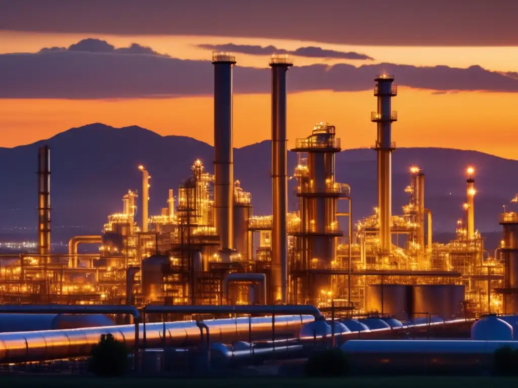 Refinería moderna en atardecer vibrante Oportunidades de inversión en refinación: una imagen impactante muestra una moderna refinería en contraste con un vibrante atardecer, resaltando su diseño futurista y avances tecnológicos