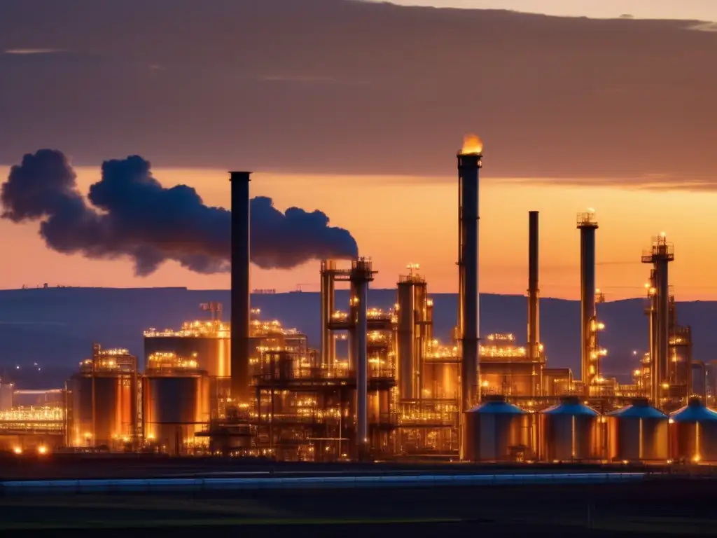 Refinería moderna al atardecer Oportunidades de inversión en refinación: Moderna refinería al atardecer, con complejo industrial de alta tecnología y gran escala