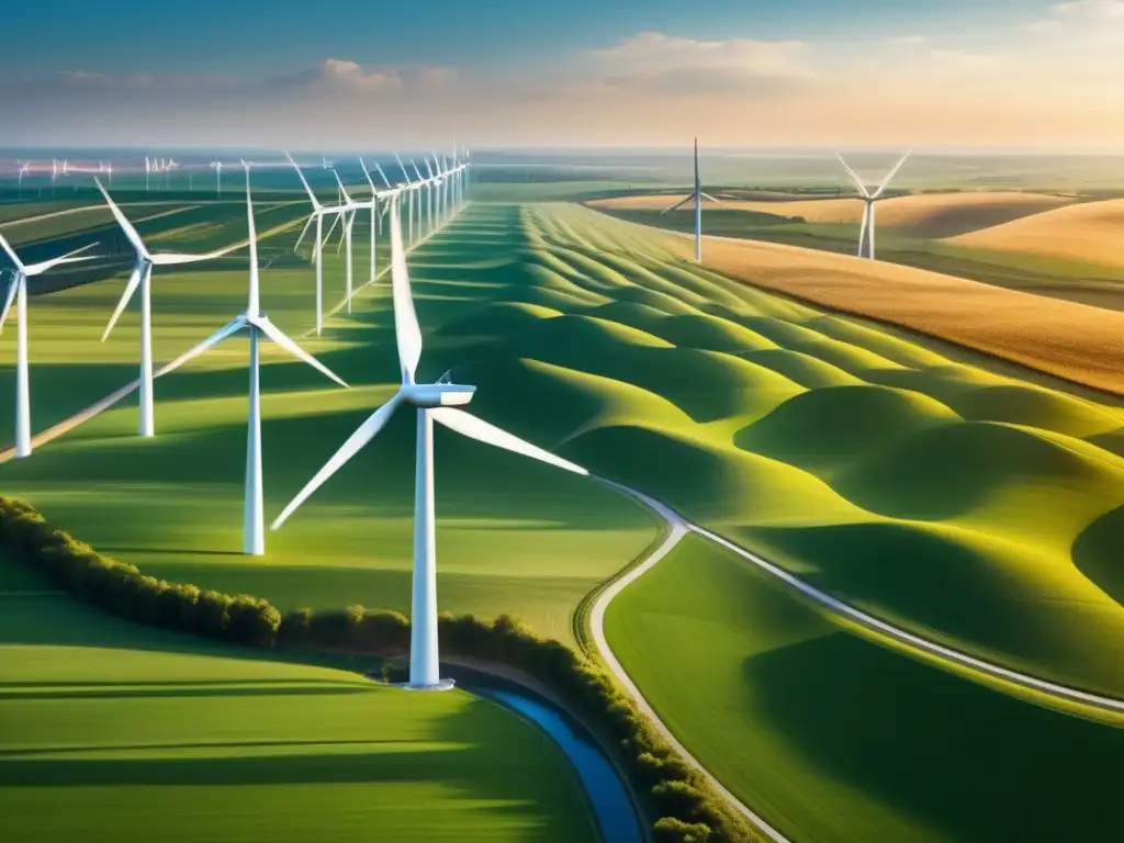 Paisaje de energía renovable Oportunidades renovables: paisaje soleado con molinos de viento, simbolizando la energía limpia y el potencial de inversión (110 caracteres)