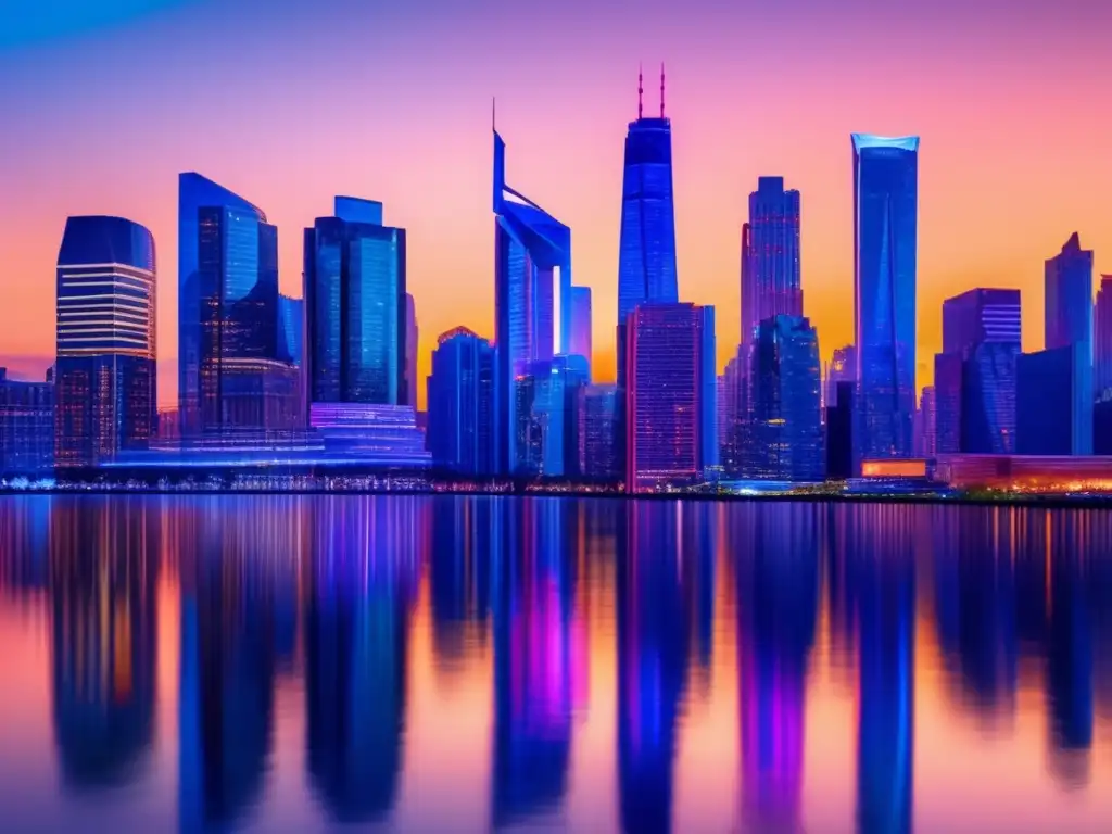 Ciudad moderna al atardecer con rascacielos iluminados Oportunidades y riesgos de invertir en inmuebles extranjeros