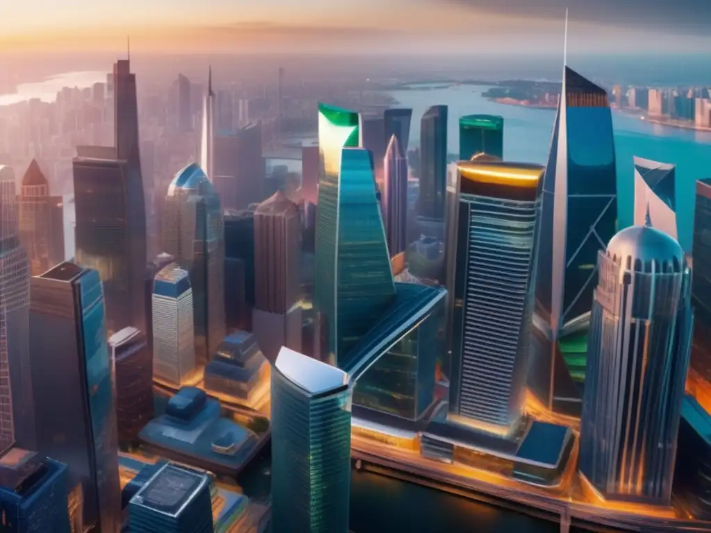Panorama financiero en mercado emergente Oportunidades y riesgos de inversión en mercados emergentes: Imagen panorámica de un distrito financiero vibrante con rascacielos modernos, profesionales diversos y datos del mercado en tiempo real