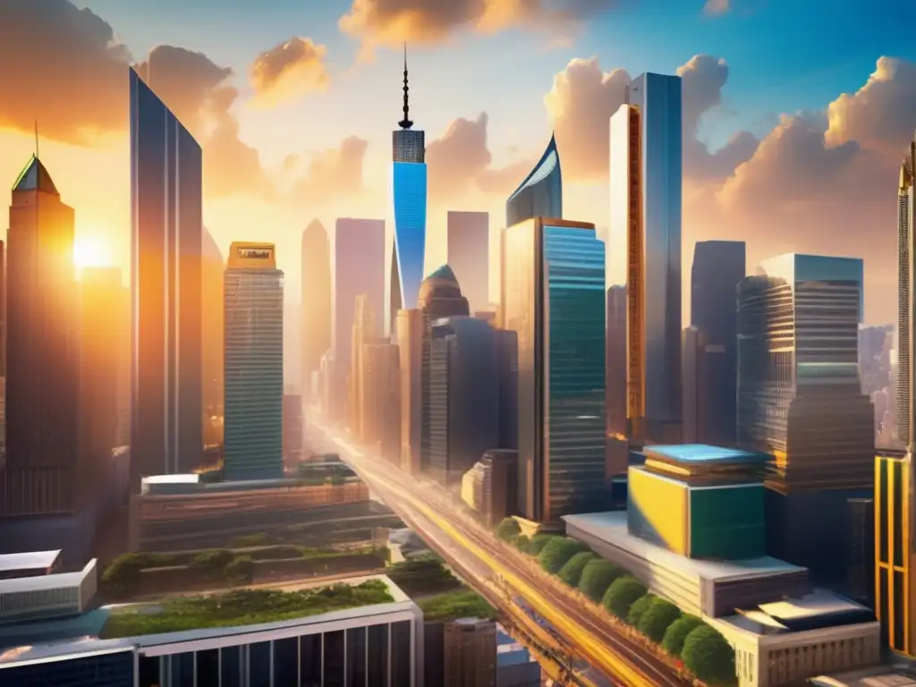 Dinamismo financiero en ciudad emergente Oportunidades y riesgos de inversión en mercados emergentes: una ciudad en crecimiento con rascacielos dorados reflejando el sol