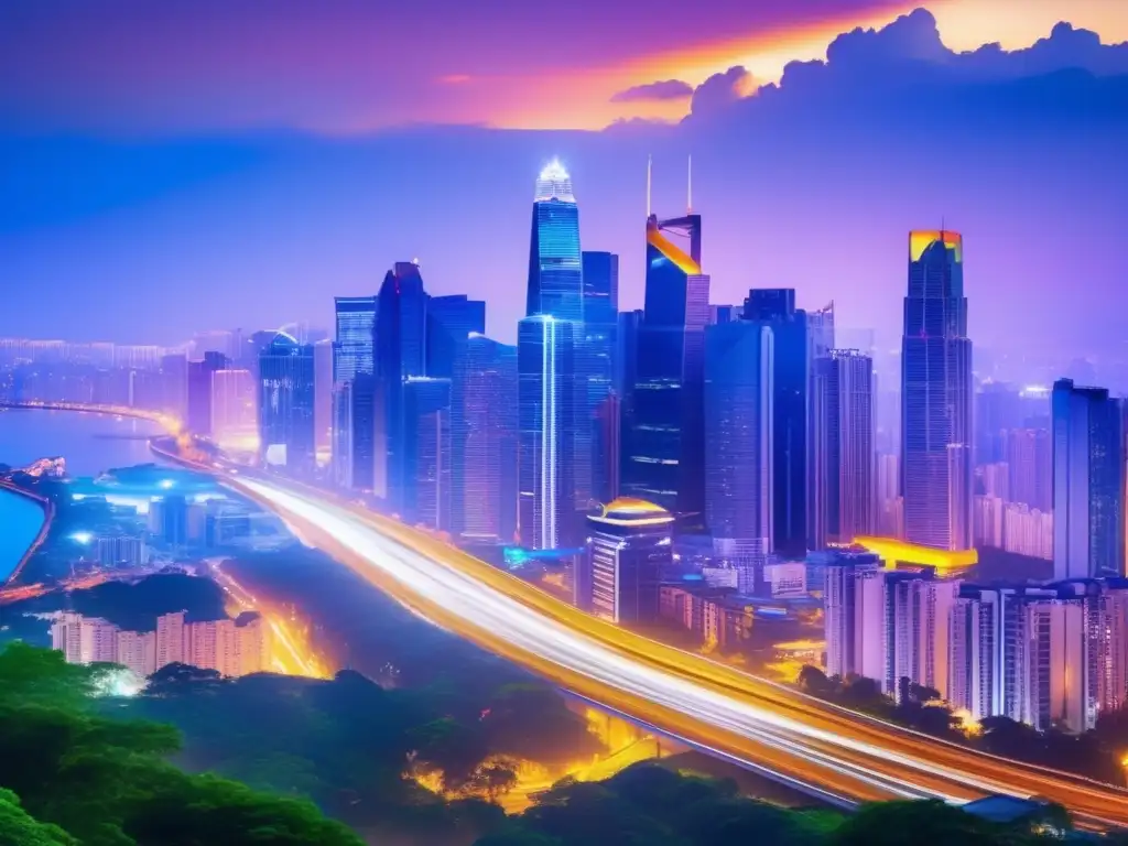 Ciudad vibrante al atardecer: inversiones y desafíos Oportunidades y riesgos de inversión en mercados emergentes: vibrante ciudad al atardecer, rascacielos iluminados y energía constante