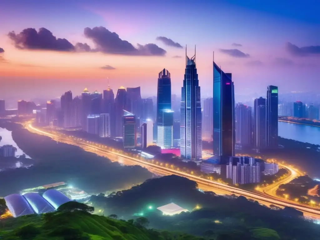 Oportunidades en mercados emergentes Oportunidades y riesgos de inversión en mercados emergentes: ciudad moderna y próspera con arquitectura impresionante y naturaleza exuberante