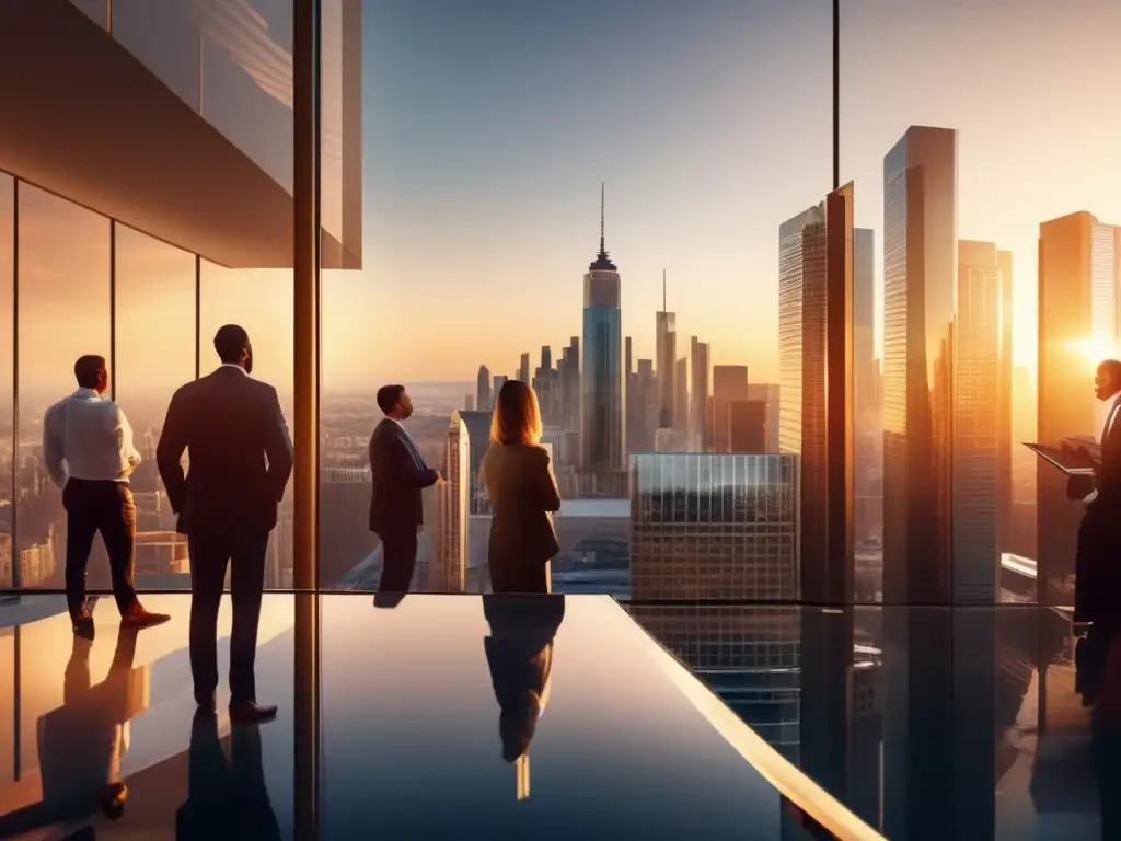 Ciudad moderna con rascacielos y profesionales discutiendo Oportunidades y riesgos de los REITs en el mercado internacional