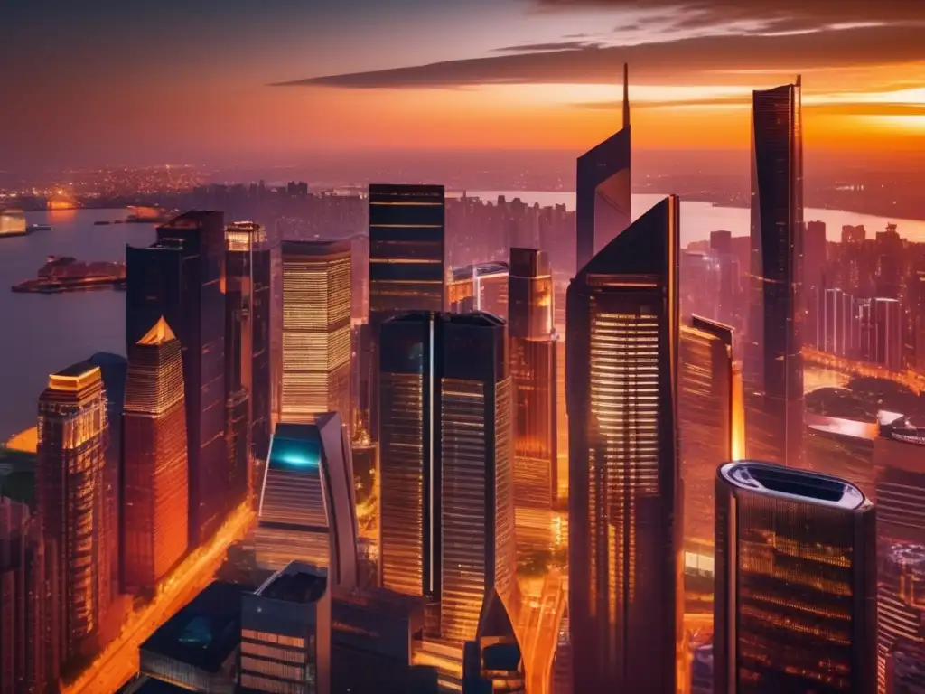 Ciudad vibrante al atardecer Oportunidades y riesgos de REITs en mercado internacional: ciudad vibrante al atardecer con skyline, río y puentes