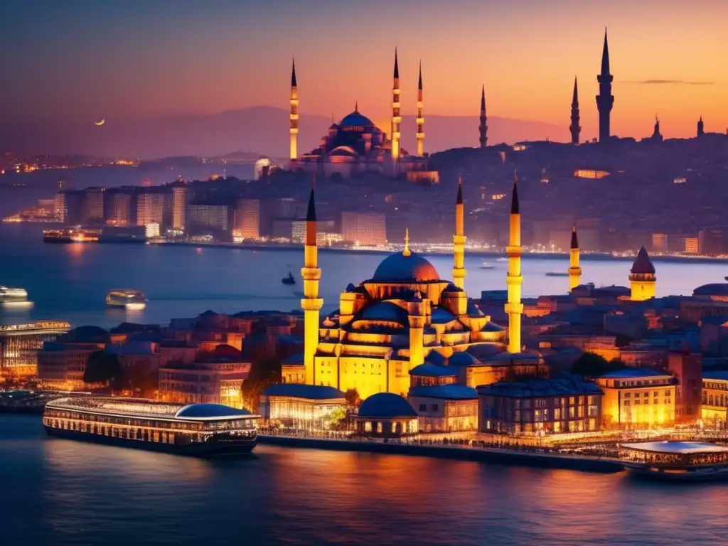 Impresionante skyline de Estambul al atardecer Inversión en Turquía: Oportunidades y Riesgos - Vista impresionante de Estambul al atardecer, con la histórica Hagia Sophia y la moderna arquitectura
