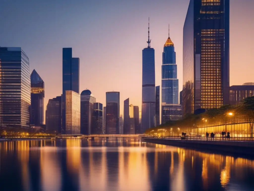 Ciudad moderna al atardecer, reflejos dorados en rascacielos Oportunidades en el sector financiero: ciudad moderna, rascacielos de cristal, actividad financiera