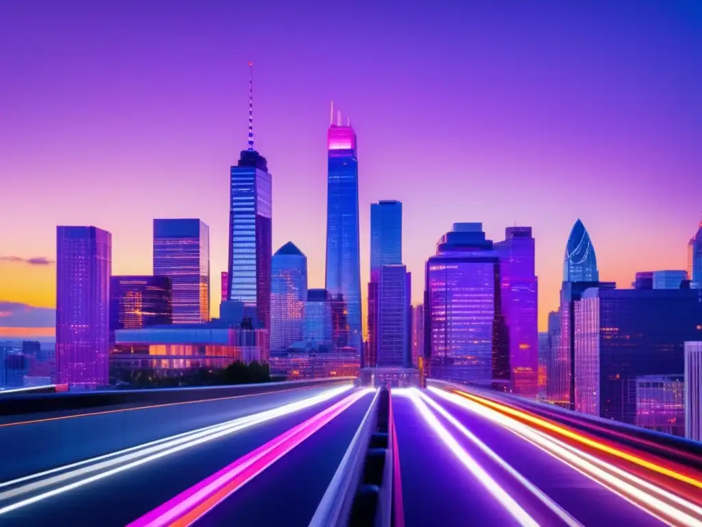Skyline financiero moderno al atardecer Oportunidades en el sector financiero: skyline moderno, luces vibrantes, ambiente dinámico con profesionales y coches elegantes
