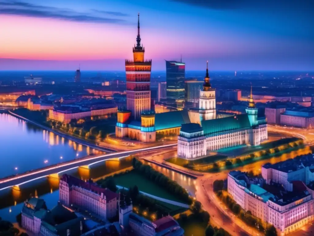 Skyline nocturno de Varsovia, Polonia: modernidad y oportunidad Oportunidades de inversión en Europa del Este: Skyline de Varsovia al atardecer, muestra arquitectura moderna y río Vistula