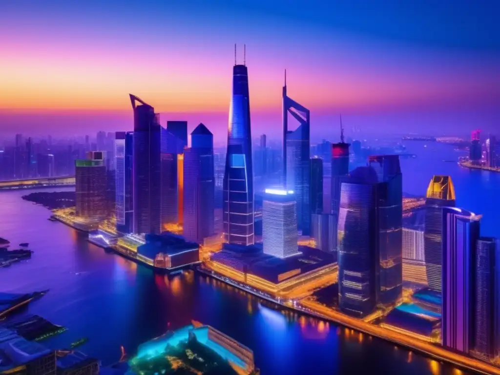 Ciudad moderna iluminada por rascacielos Oportunidades inversión REITs - Skyline moderno al atardecer, vibrantes luces, diversifica tu cartera