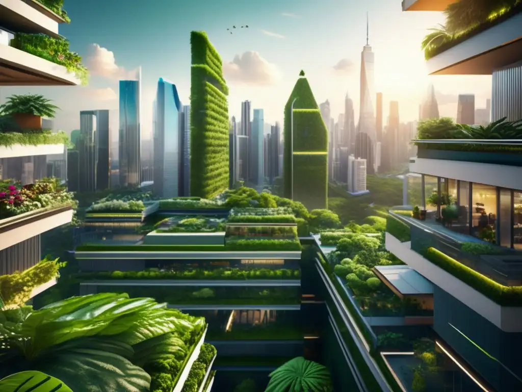 Ciudad sostenible con rascacielos verdes Oportunidades de inversión sostenible en una ciudad verde con rascacielos vegetales y vida urbana vibrante