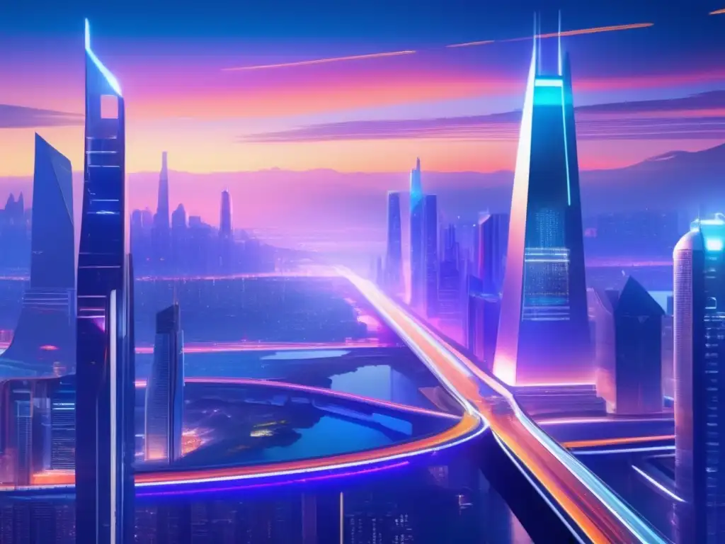 Ciudad futurista iluminada al atardecer Oportunidades de staking en Altcoins: Ciudad futurista con rascacielos iluminados y vehículos avanzados