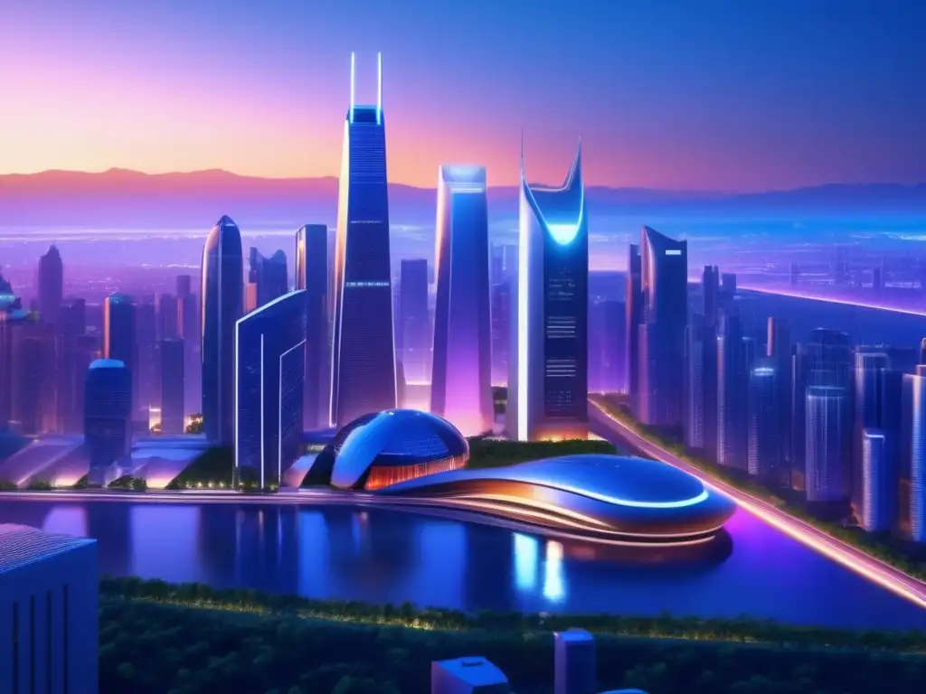 Futurista ciudad al atardecer con staking pool Oportunidades de staking en Altcoins: Futurista ciudad con rascacielos modernos, parques verdes y una piscina brillante